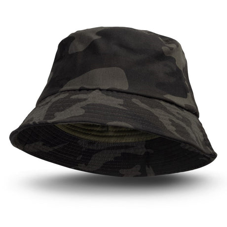 Set of 10 black camouflage bucket hats, made from 100% cotton twill, perfect for outdoor activities and sun protection.