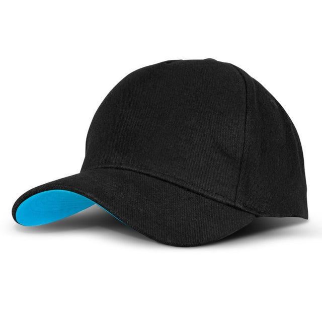 Set of 10 Hornet Black/Light Blue caps featuring a structured design, adjustable Velcro, and breathable cotton for comfort.