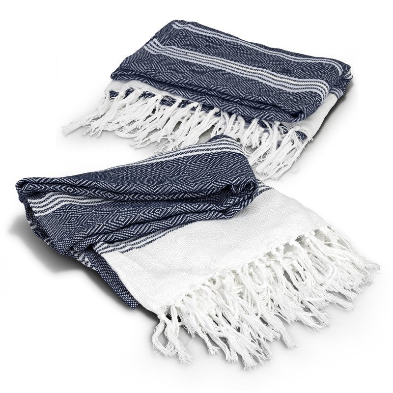 Navy throw blanket with a textured square pattern, fringed trim, made of recycled cotton and polyester, perfect for cozy decor.