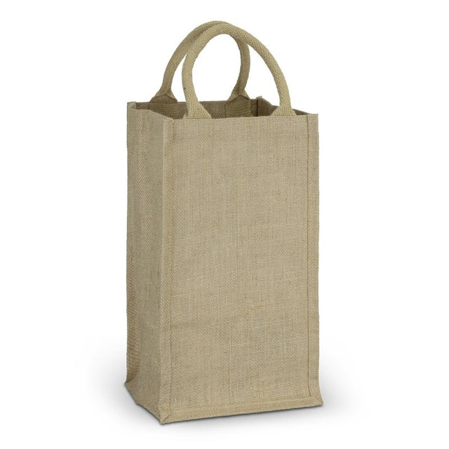 Four Bottle Wine Carrier made of durable natural jute, featuring padded handles and structured insert for safe transport.