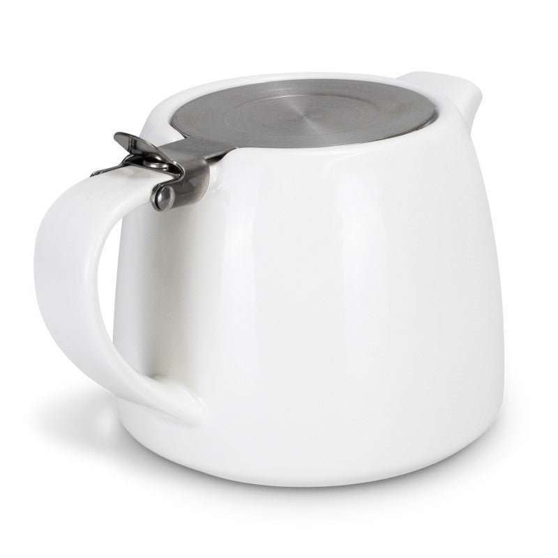 White 490ml Chai teapot with stainless steel lid and infuser, elegantly packaged in a kraft gift box for tea lovers.