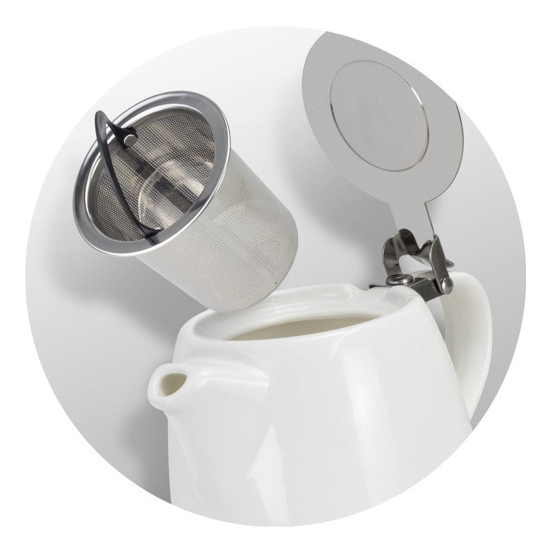 Elegant white Chai teapot (490ml) with stainless steel flip lid and infuser, perfect for brewing loose leaf tea.