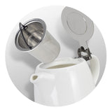 Elegant white Chai teapot (490ml) with stainless steel flip lid and infuser, perfect for brewing loose leaf tea.