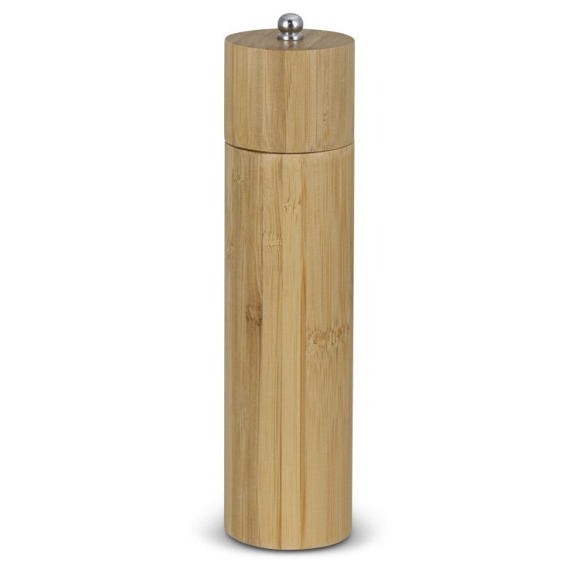 Natural bamboo pepper mill, 20cm tall with adjustable grind settings and stainless steel mechanism, ideal for every kitchen.