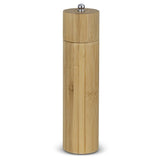 Natural bamboo pepper mill, 20cm tall with adjustable grind settings and stainless steel mechanism, ideal for every kitchen.