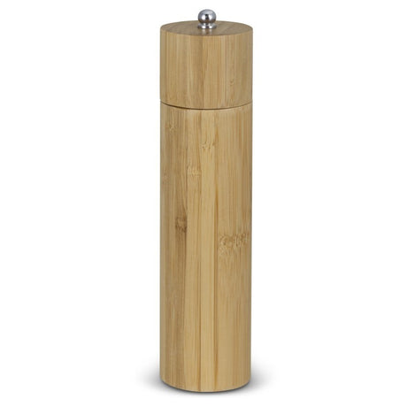 Natural bamboo pepper mill, 20cm tall with adjustable grind settings and stainless steel mechanism, ideal for every kitchen.