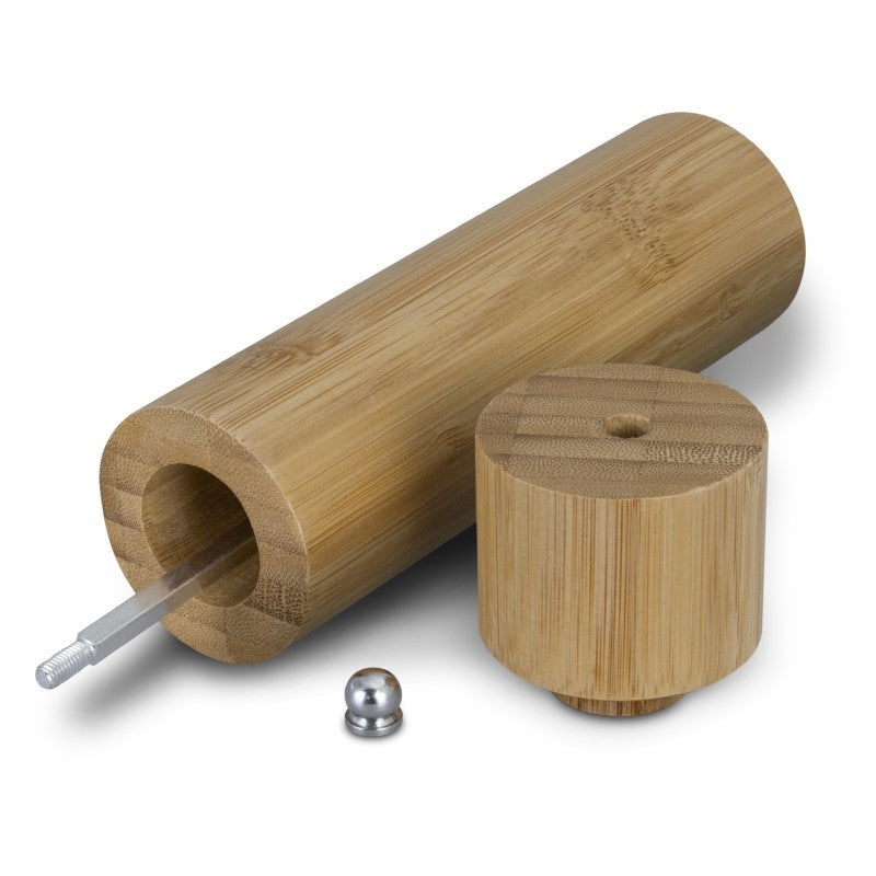 Natural bamboo pepper mill with stainless steel and ceramic grinder, adjustable coarseness, 20cm tall, stylish kitchen addition.