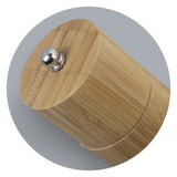 Natural bamboo pepper mill with adjustable grind settings, 20cm tall, featuring a durable stainless steel and ceramic mechanism.