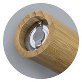 Natural bamboo pepper mill standing 20cm tall with adjustable grind settings for perfect seasoning in any dish.