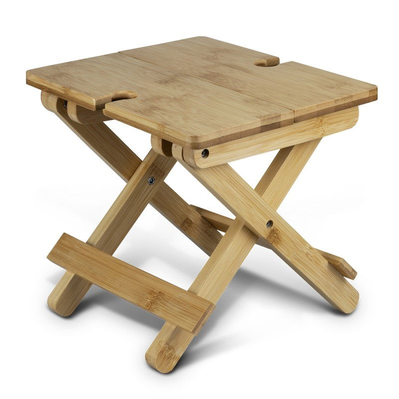 Stylish NATURA Bamboo Folding Wine Table with space for two glasses, perfect for outdoor events and picnics.