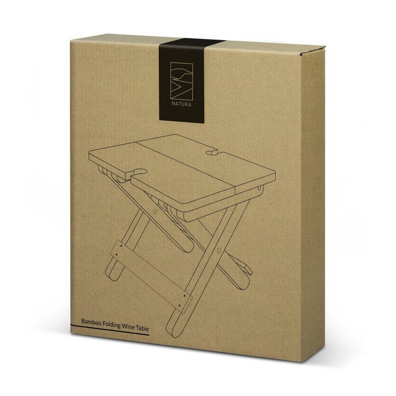 Elegant bamboo folding wine table for outdoor use, holding two glasses; lightweight and portable for picnics or gatherings.