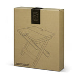 Elegant bamboo folding wine table for outdoor use, holding two glasses; lightweight and portable for picnics or gatherings.