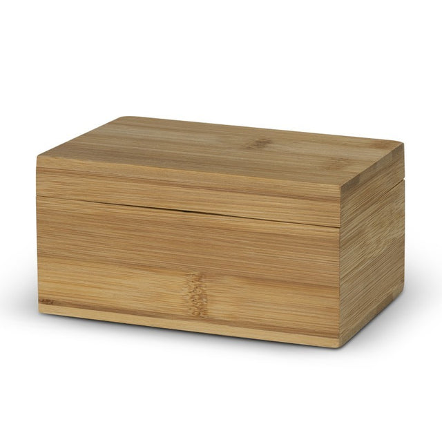 Natural bamboo tea box with a hinged lid, featuring two compartments and magnetic closure for preserving tea freshness.