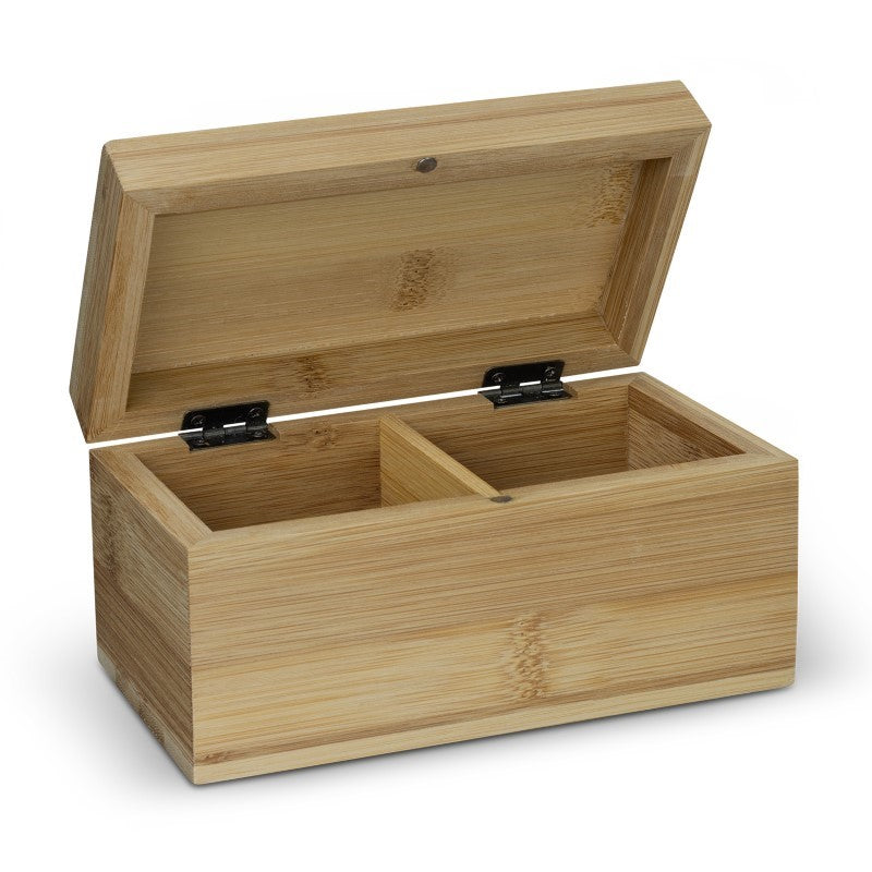 NATURA Bamboo Tea Box with hinged lid, two compartments, and magnetic closure for stylish and organized tea storage.