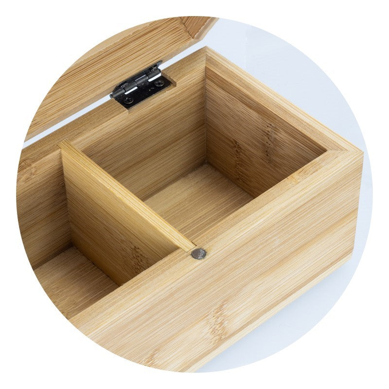 Natural bamboo tea box with hinged lid and two magnetic compartments for elegant, organized tea storage.