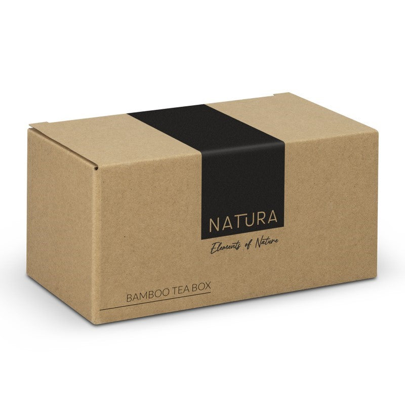 Natural bamboo tea box with hinged lid, two compartments, and magnetic closure, elegantly organizing tea collections.