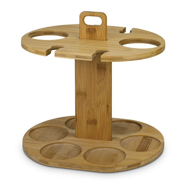Natural bamboo wine rack holding two bottles and four glasses, perfect for elegant wine storage and entertaining in small spaces.