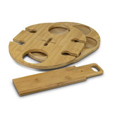 Stylish bamboo wine rack with space for two bottles and four glasses, perfect for elegant wine storage and easy assembly.