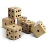 Outdoor yard dice game with six wooden dice in a drawstring bag, perfect for family fun and gatherings.