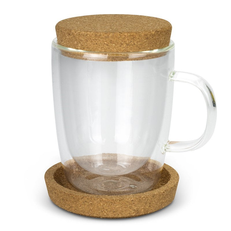 Stylish 350ml double-wall glass coffee cup with cork lid, ideal for eco-friendly coffee lovers and thoughtful gifts.