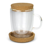 Stylish 350ml double-wall glass coffee cup with cork lid, ideal for eco-friendly coffee lovers and thoughtful gifts.