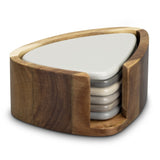 Ceramic coasters mimicking New Zealand river stones in neutral grey and taupe, with a rustic Acacia wood holder.
