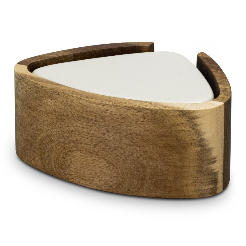 Ceramic coasters resembling New Zealand river stones, in natural grey and taupe, with a rustic Acacia wood holder.