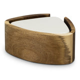Ceramic coasters resembling New Zealand river stones, in natural grey and taupe, with a rustic Acacia wood holder.