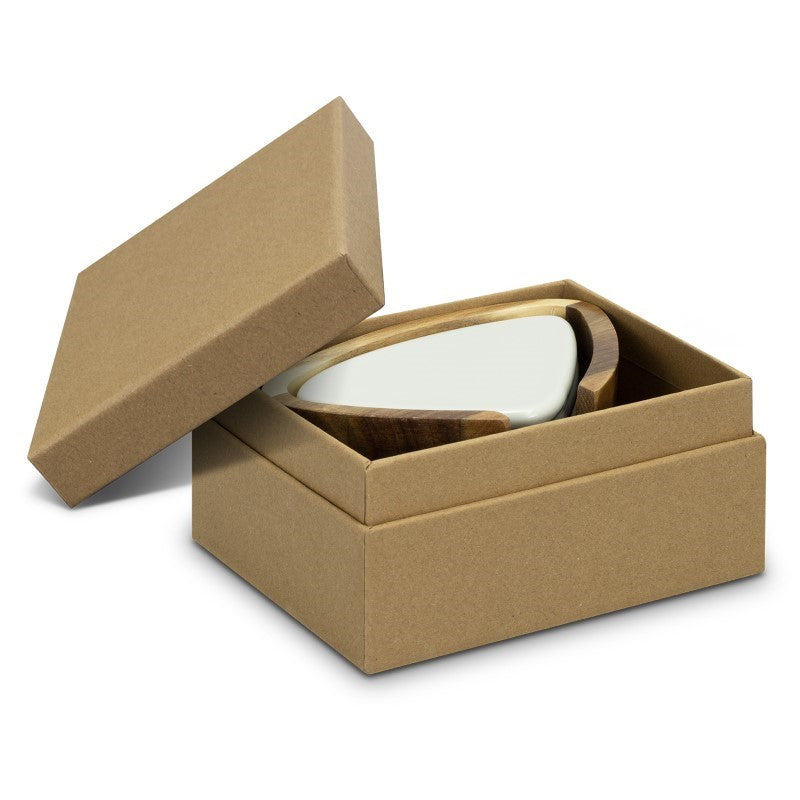 Ceramic coaster set resembling New Zealand river stones, in natural grey and taupe, with a rustic Acacia wood holder.
