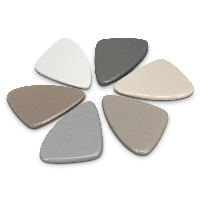 Set of six natural grey and taupe ceramic coasters resembling river stones, with an Acacia wood holder for stylish storage.