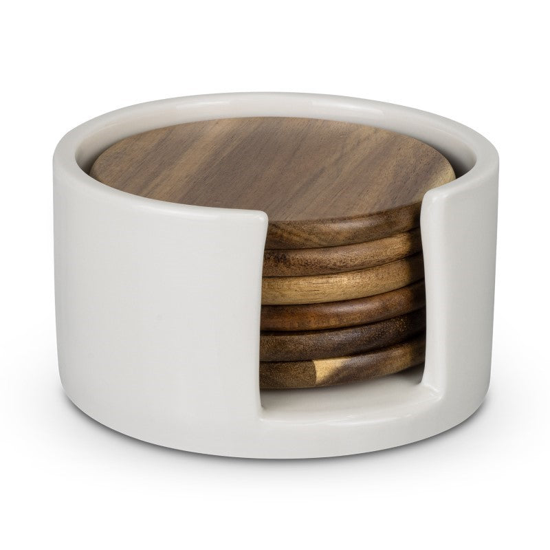 Natural Acacia wood coaster set of six in a stylish black gift box, perfect for home decor and protecting surfaces.