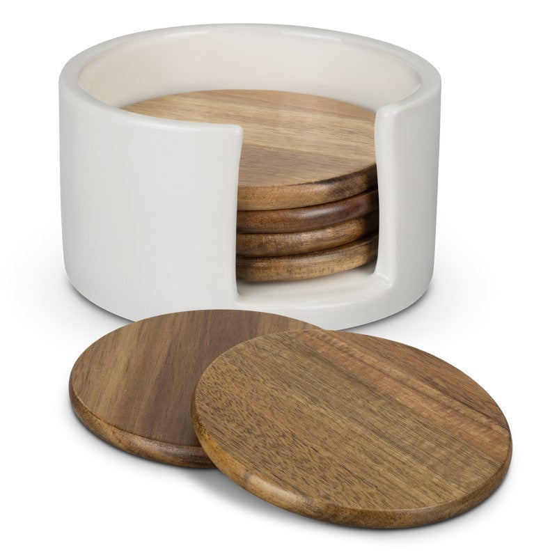 Natural Acacia wood coaster set of six, elegantly packaged in a black gift box, perfect for stylish home decor and functional use.
