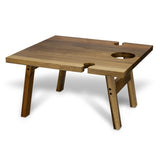 Natural Acacia wood folding wine table with glass and bottle holders, featuring secure magnetic legs, perfect for outdoor gatherings.