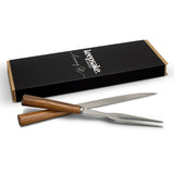 Elegant carving set with Acacia handles and stainless steel blade, presented in a natural gift box, perfect for culinary enthusiasts.