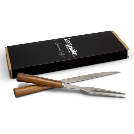 Elegant carving set with Acacia handles and stainless steel blade, presented in a natural gift box, perfect for culinary enthusiasts.