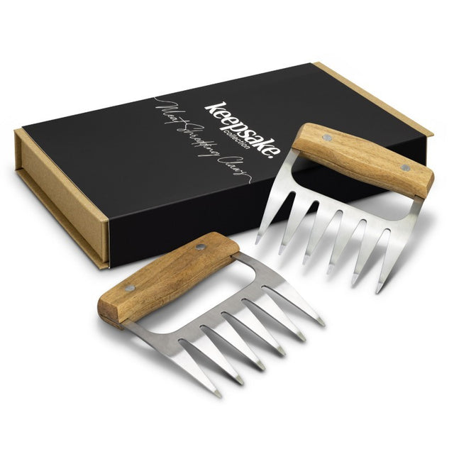 Meat shredding claws with ergonomic acacia handles and stainless steel, elegantly presented in a natural gift box.