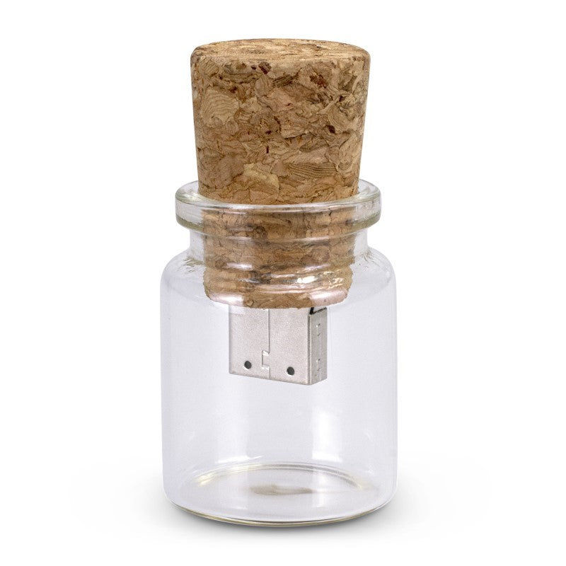 8GB 'message in a bottle' flash drive with cork lid, elegant glass design, USB 2.0, fast transfer speeds, eco-friendly.