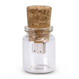 8GB 'message in a bottle' flash drive with cork lid, elegant glass design, USB 2.0, fast transfer speeds, eco-friendly.