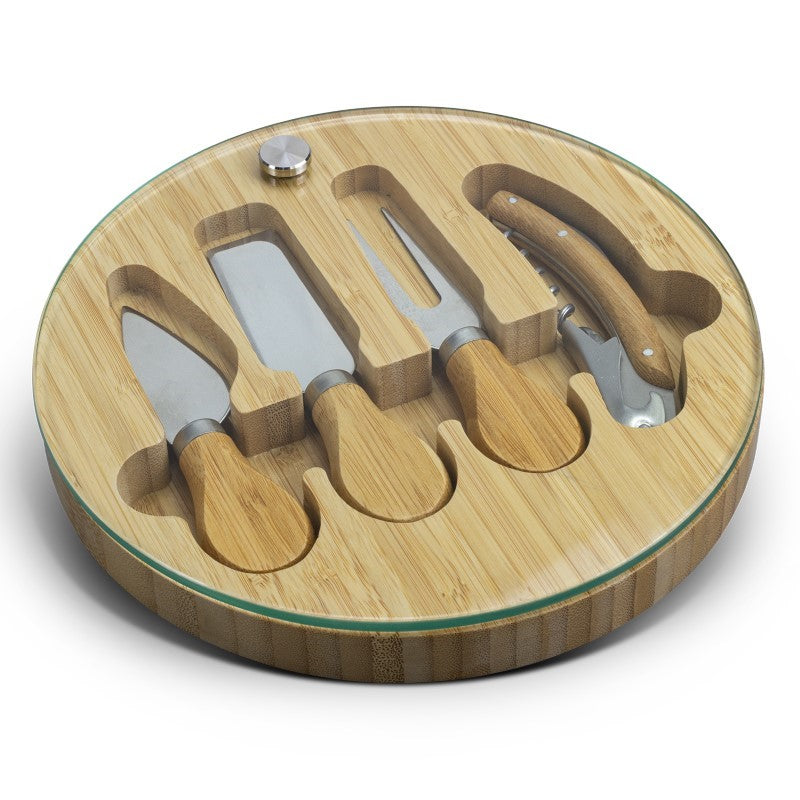 Elegant NATURA Glass Bamboo Cheese Board with natural bamboo base, tempered glass surface, and essential utensils, perfect for entertaining.