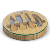 NATURA Glass Bamboo Cheese Board with bamboo base, glass surface, and included cheese utensils in an elegant gift box.