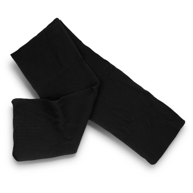 Luxurious black cable knit scarf made from soft acrylic yarn, perfect for keeping warm in style this winter.