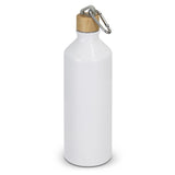 Set of 10 sleek, eco-friendly 750ml aluminium bottles with bamboo lids and carabiners, perfect for sustainable hydration.