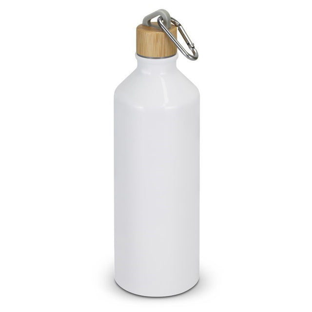 Set of 10 sleek, eco-friendly 750ml aluminium bottles with bamboo lids and carabiners, perfect for sustainable hydration.