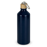 Set of 10 navy aluminum bottles, 750ml each, with bamboo screw lids and carabiners, perfect for eco-friendly hydration.
