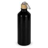 Set of 10 black aluminum bottles with 750ml capacity, bamboo lids, and carabiners, ideal for eco-friendly hydration.