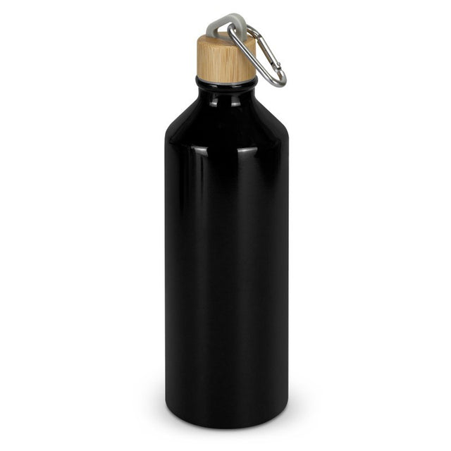 Set of 10 black aluminum bottles with 750ml capacity, bamboo lids, and carabiners, ideal for eco-friendly hydration.