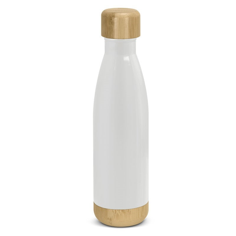 White Mirage Bambino 500ml vacuum bottle with bamboo lid, designed for hot or cold drinks, stylish and eco-friendly.