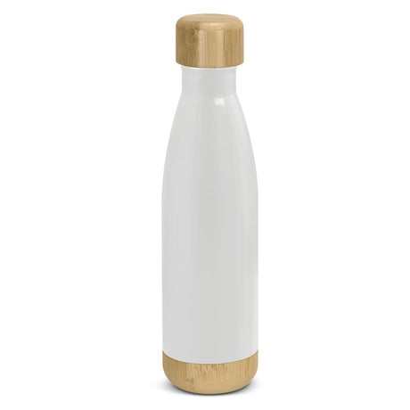 White Mirage Bambino 500ml vacuum bottle with bamboo lid, designed for hot or cold drinks, stylish and eco-friendly.