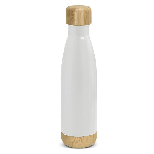 White Mirage Bambino 500ml vacuum bottle with bamboo lid, designed for hot or cold drinks, stylish and eco-friendly.