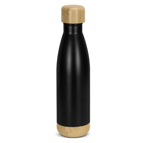 Sleek black 500ml vacuum bottle with bamboo lid, keeps drinks hot or cold, ideal for on-the-go hydration.